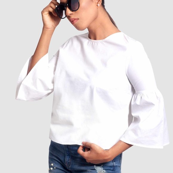 OLGYN Tops - OLGYN Women’s Three Quarter Flare Sleeve White Top
